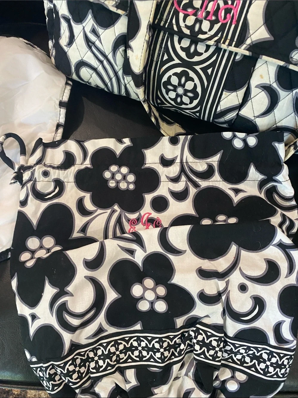 Vera Bradley Black & White Quilted Floral Tote with Pink Monogram